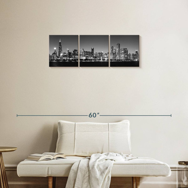 Noir Chicago Skyline, 3 pièces, H 12 po x l 38 po x P 1,25 po