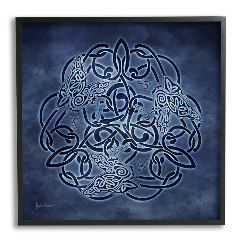 Motif de corbeau bleu celtique encadré sur bois, Giclée encadrée noir minuit, H 17 po x l 17 po x P 1,5 po