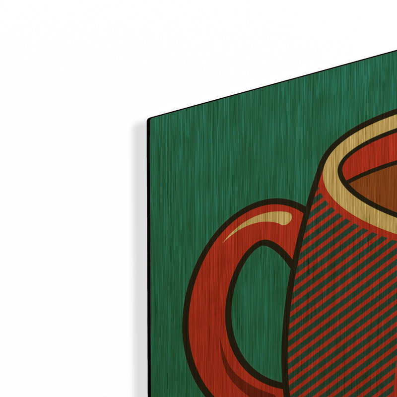 « Tasse de café rouge sur fond bleu », œuvre murale en métal doré de Ron Magnes, 91,4 cm x 91,4 cm, 36 po x 36 po