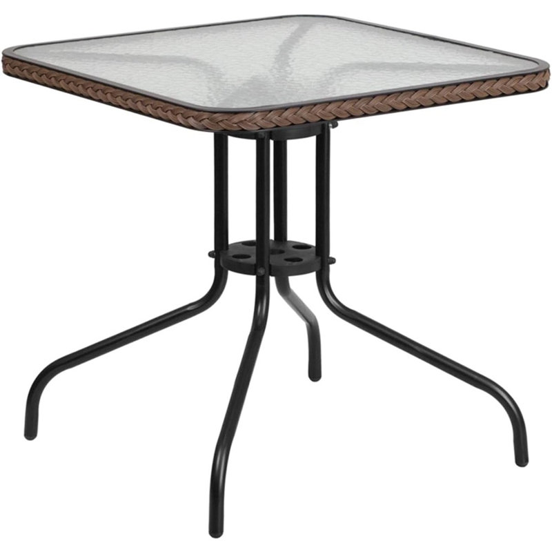  Barker 28'' Square Tempered Glass Metal Table With Dark Brown Rattan Edging
