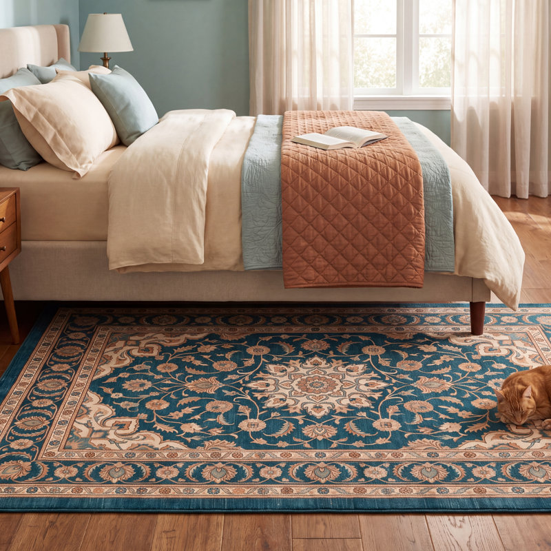 Tapis Granite2 traditionnel à médaillon délavé, style persan, bleu sarcelle, or et crème, lavable à la machine, antidérapant, à poils courts, pour l'intérieur et l'extérieur, adapté aux animaux domestiques, idéal pour le salon, la chambre, la salle à manger, l'entrée, le couloir ou le bureau.