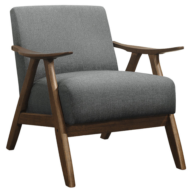 Fauteuil d'appoint en tissu gris avec finition en bois de noyer, structure solide et coussin de dossier
