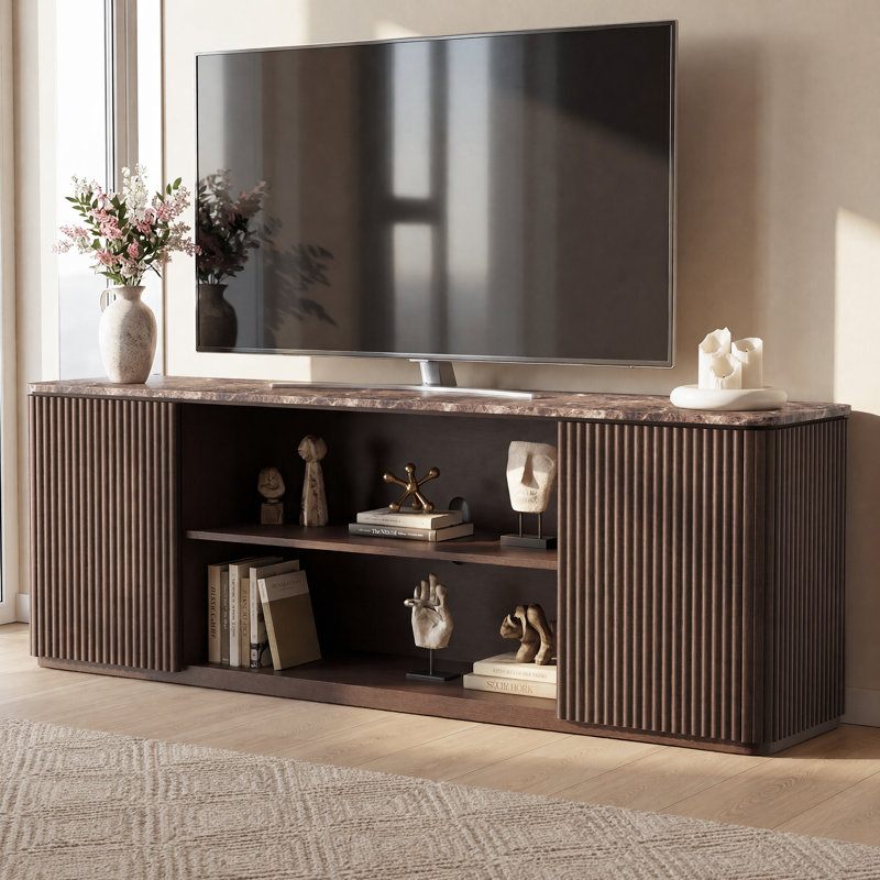 70" Fluted TV Stand for TVs Up to 80", Faux Marble Top & 1.97" Panels, Modern Media Console Entertainment Center, Brown Oak