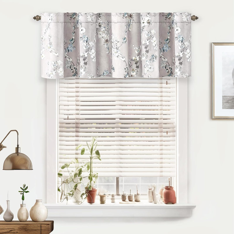 Mackenzie Blue and Gray Floral Polyester Rod Pocket Valance