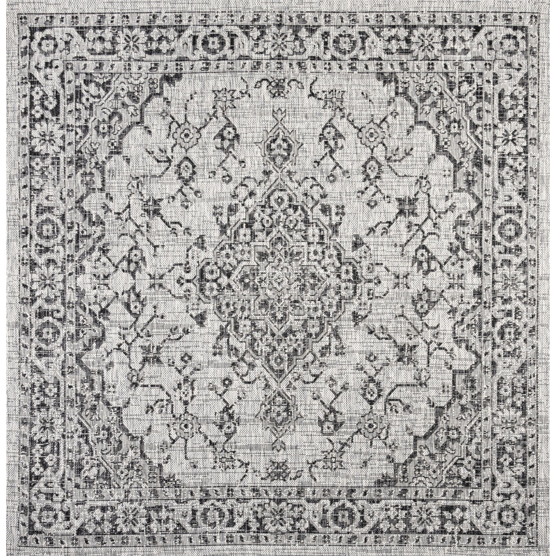 Nate Boho Medallion Textured Weave Gray/Black Indoor/Outdoor Rug, Square 5'3"