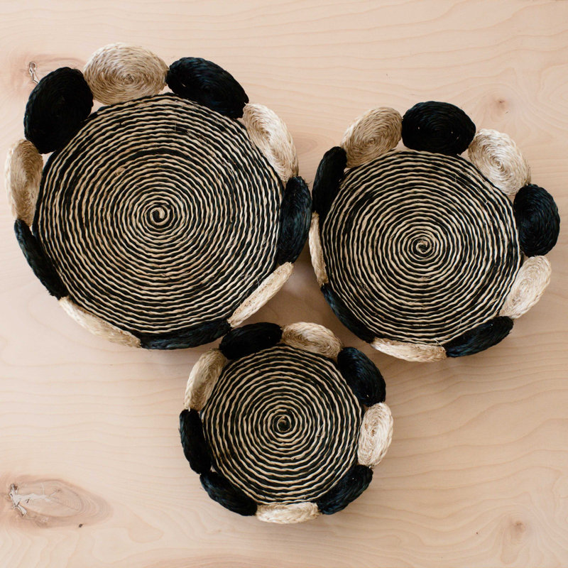 Abaca Fruit Basket Circles, set of 3, Black