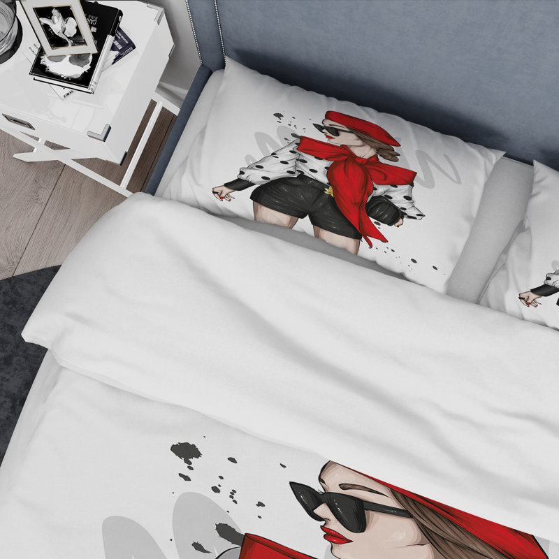 Ensemble de housse de couette en microfibre blanc / rouge, Housse de couette pour très grand lit et 2 très