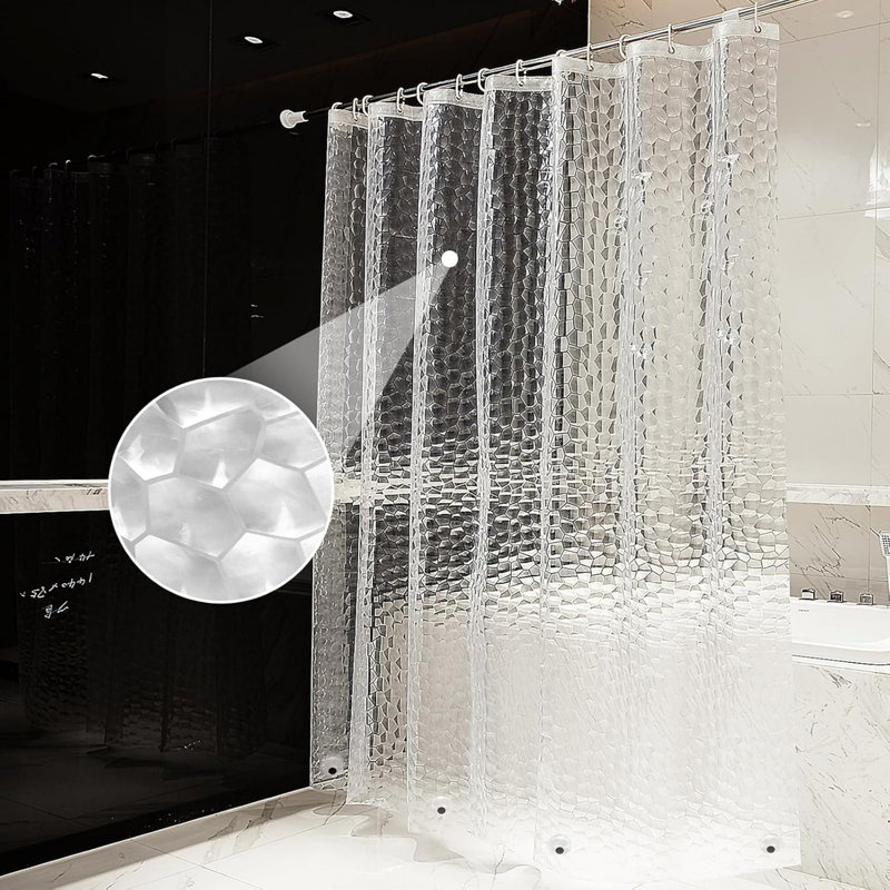 Clear Shower Curtain 180 X 200 cm Extra Long Shower Curtain, 3D Design Weighted Bath Curtain with 12 Curtain Hooks
