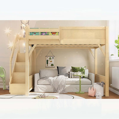 Lit mezzanine double en bois massif avec garde-robe intégrée, rangement et tablettes à côté, garde-corps pleine longueur et escalier, aucun sommier nécessaire, naturel