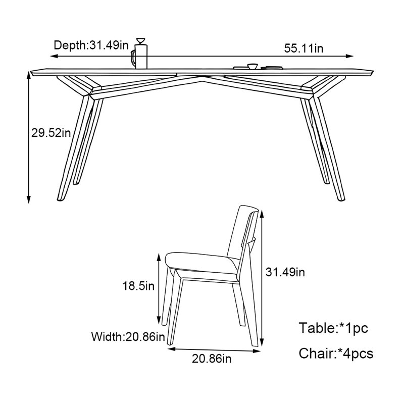 Simple ash wood rectangular dining table set, 29.52"H x 55.11"L x 31.49"W