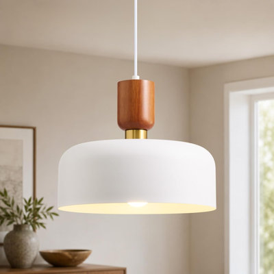 Nordic Sculptural White Pendant Light: Metal Wood Kitchen Island Chandelier 12" Mid Century Pendant Lighting Over Kitchen Sink - Modern Ceiling Light Fixture for Dining Room Bedroom Hallway Entryway