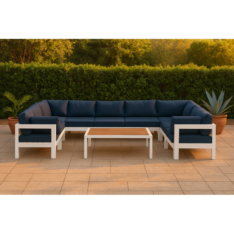 Canapé modulaire d'extérieur en U avec coussins de 150 po de largeur Emmalou, Marine, Blanc