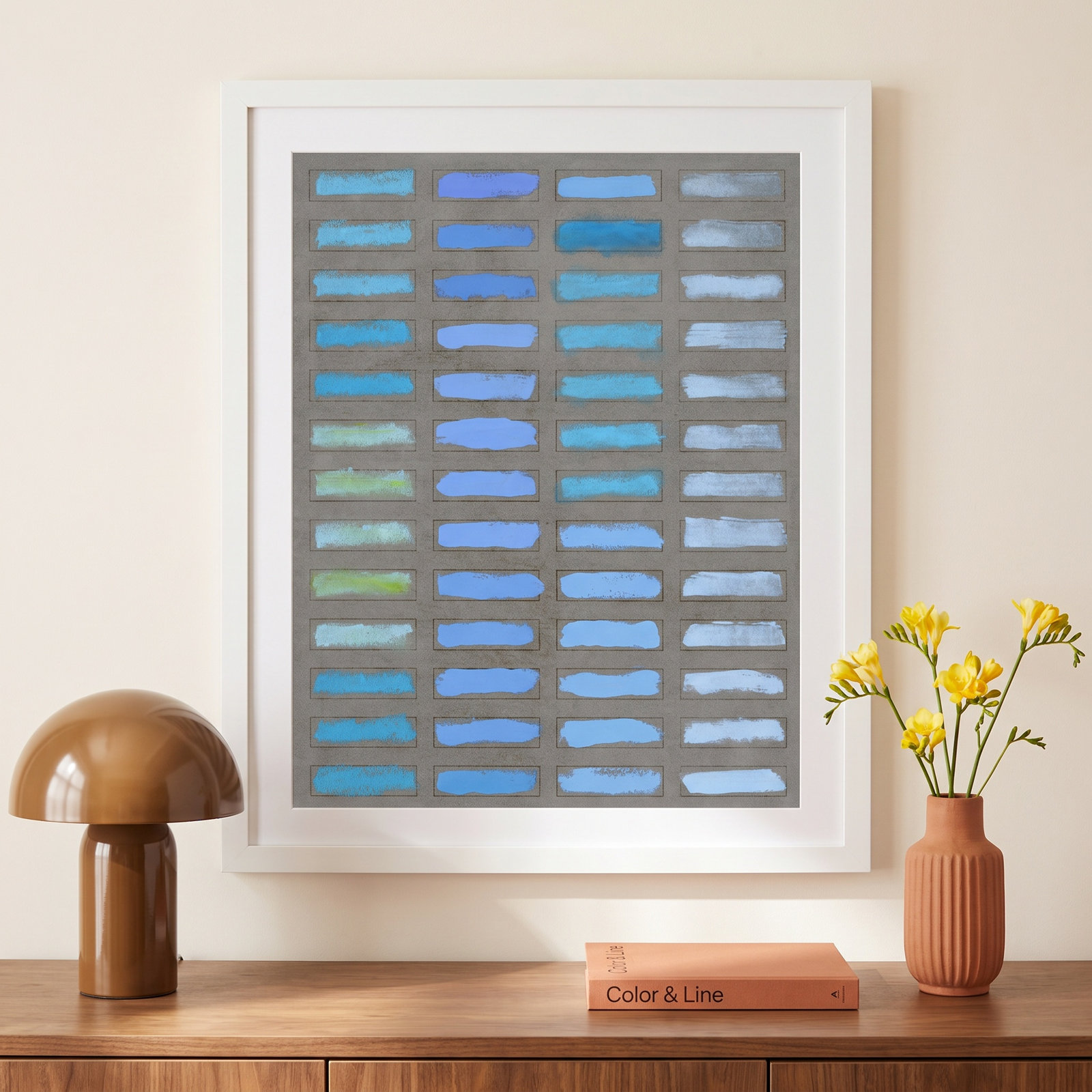 The Blues 2 by Jacques Pilon, 30" H x 24" W x 1.25" D, White Framed