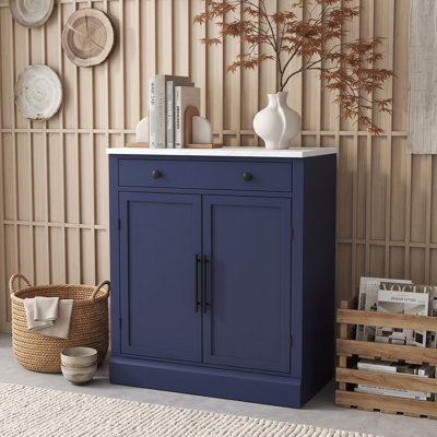 Armoire de rangement autoportante chic avec tiroir, tablettes réglables et plateau en faux marbre