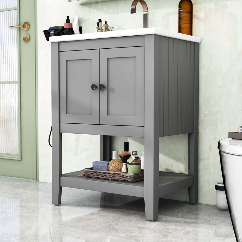 Meuble-lavabo simple élégant avec lavabo en céramique Semilune et rangement spacieux, Gris, Noir