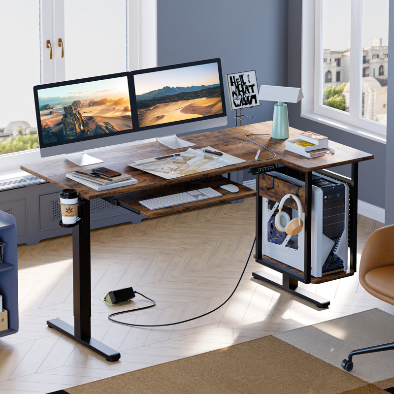 Labelle 57.5" W L-Shaped Standing Desk with Keyboard Tray , Rustic Brown