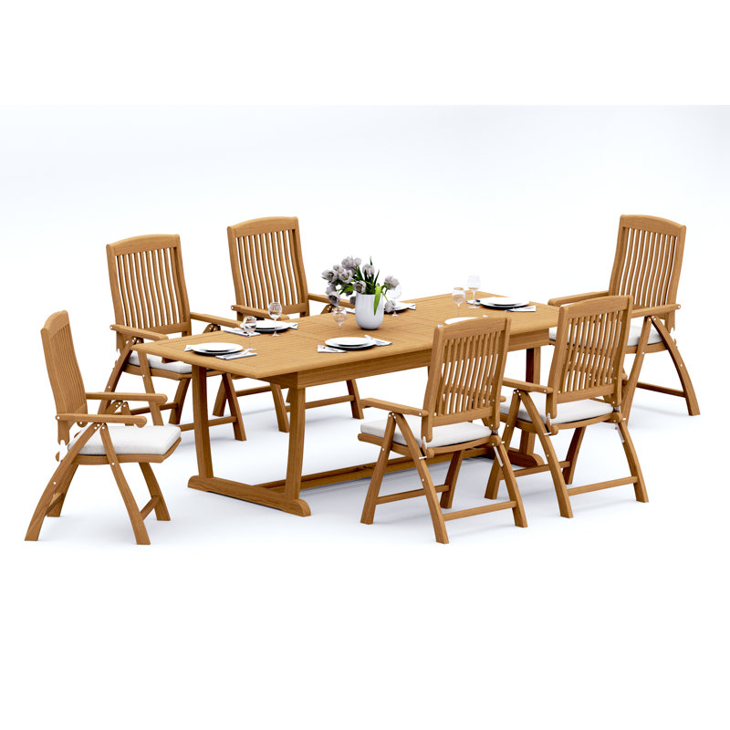 Ensemble de salle à manger en bois de teck Grade-A: table à double tréteaux à pieds avec tréteaux et fauteuils inclinables Marley # 11MR2108