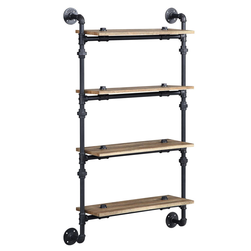 4 Tier Wall Shelf With Sandy Black And Oak, Water Pipe Design For Spacious Office Storage, 23"L Shelf, 47" Product Height Home 9"W 52" Package Depth