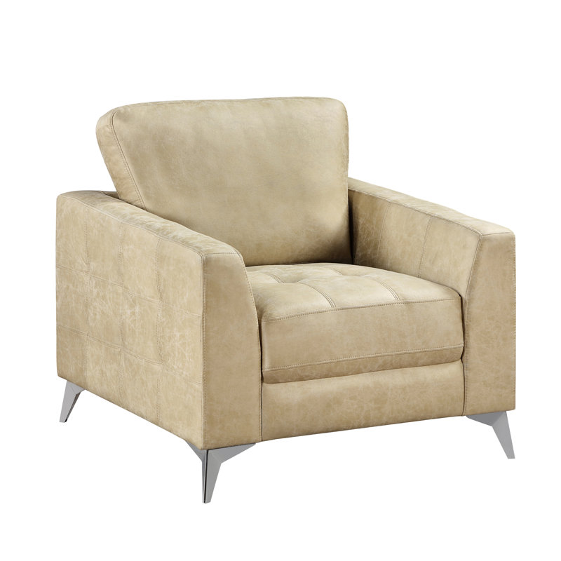 Profondeur de l'assise 21,5 po avec microfibre sable, bois massif, pieds argentés, hauteur de l'ensemble 21,5 po, sable