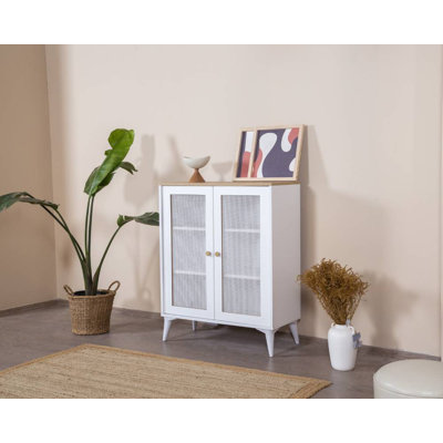 Buffet scandinave moderne avec portes à fermeture douce, blanc et chêne, 35,4 x 41,3 x 16,1 pouces | 100% panneau de fibres à densité moyenne et pieds en bois de charme | Nombreuses tablettes, solution de rangement murale et élégante pour les espaces contemporains