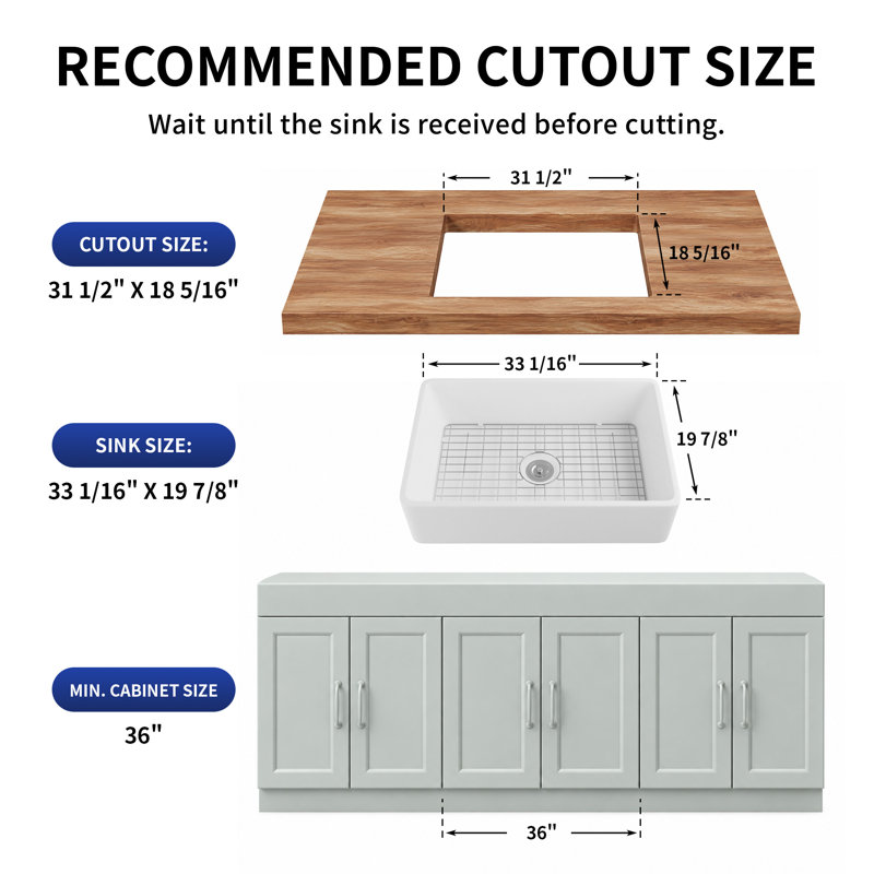 Feast 33" L x 20" W Single Bowl Farmhouse Kitchen Sink with Sink Grid and Basket Strainer, White
