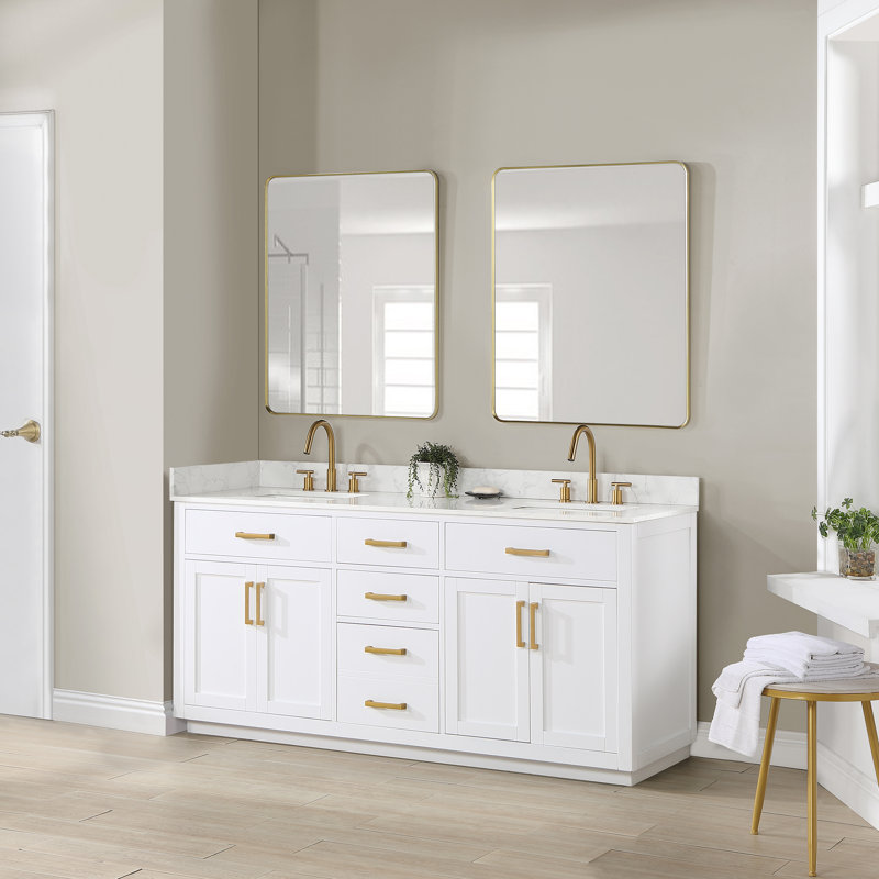 Ensemble de meuble-lavabo double avec miroir Gavino, Doré, Blanc, 72"