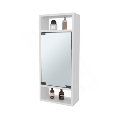 Pharmacie en pin avec porte miroir et rangement ouvert, blanc