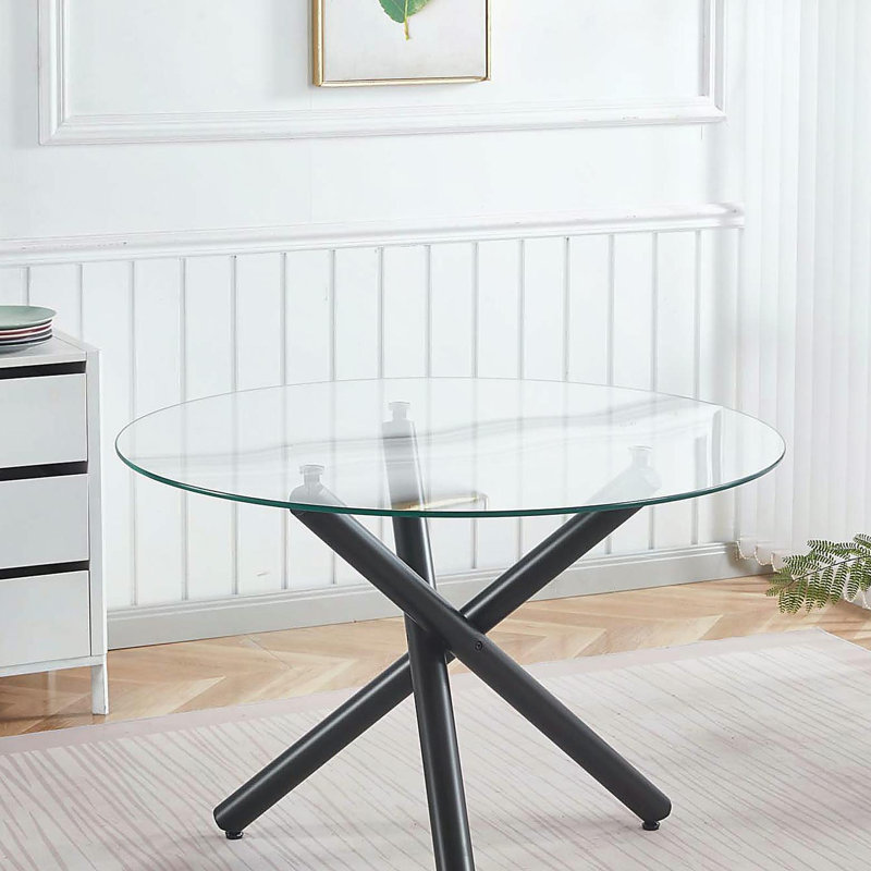 Round Dining Table with metal leg and tempered glass,Modern Space Saving Kitchen Table for Living Room, Black