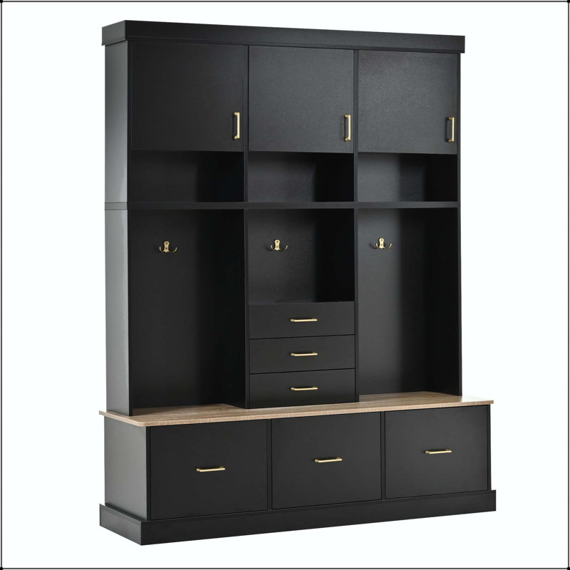 75" Hall Tree with Bench, 6 Drawers, 3 Cabinets & 3-Tier Top Storage, Black
