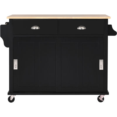 Kitchen Cart With Rubber Wood Drop-Leaf Countertop, Concealed Sliding Barn Door Adjustable Height,Kitchen Island On 4 Wheels With Storage Cabinet And 2 Drawers,L52.2Xw30.5Xh36.6 Inch, Black