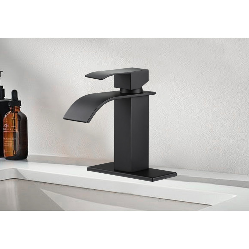 Stainless Steel Bathroom Sink Tap Featuring Waterfall Spout, Single Handle For Convenient Water Flow, Matte Black Design Spout Faucet In Black, Precise Temperature Regulation, Quality