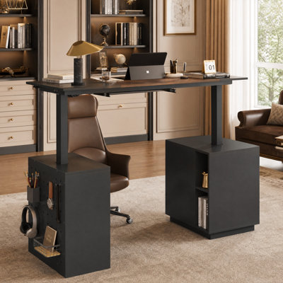 63" W Height-Adjustable Standing Desk with 3 Drawers, 5 Shelves & Fingerprint-Lock File Drawer