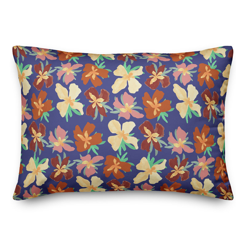 Coussin Floral, H 14 po x l 20 po, Rectangle, Motif floral bleu
