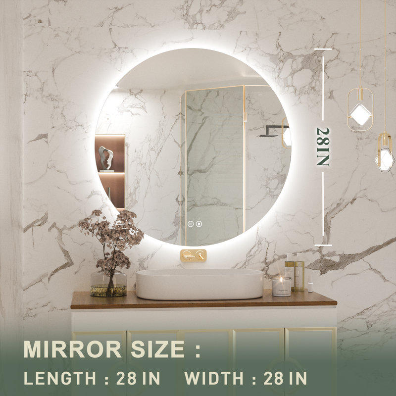Losoya Frameless LED Lighted Bathroom Vanity Mirror Dimmable Round Mirror, 28" x 28"