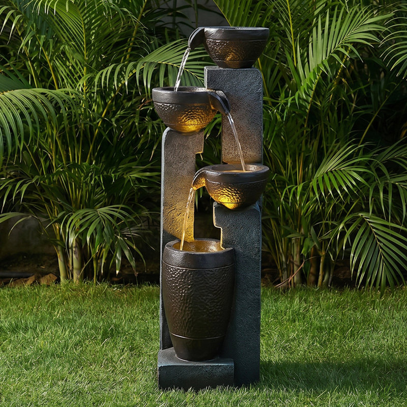 40"H Large Outdoor Water Fountain with Lights - 4 Tiered Cascading Bowls Waterfall Fountain for Garden, Patio, Backyard, Porch Inside - Freestanding Outdoor Water Feature