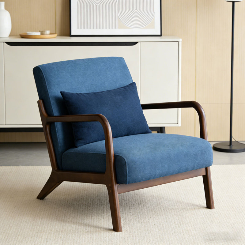 Chaise d'appoint moderne avec structure en bois, Lin de coton, Bleu