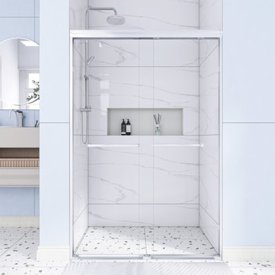 44 po -48 po L 72 po H Double porte de douche coulissante avec verre trempé de 1/4 po en nickel brossé | Film antidéflagrant avec cadre en aluminium | Poignée en acier inoxydable