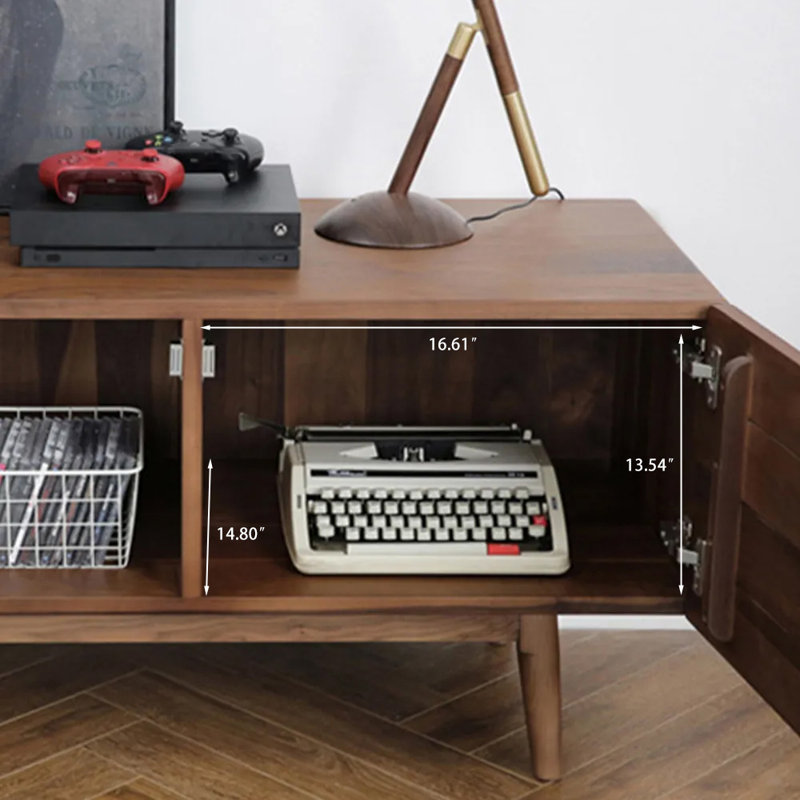 Meuble télé Mid-Century, console de télévision en bois moderne avec rangement pour armoires, portes ondulées, pieds en bois