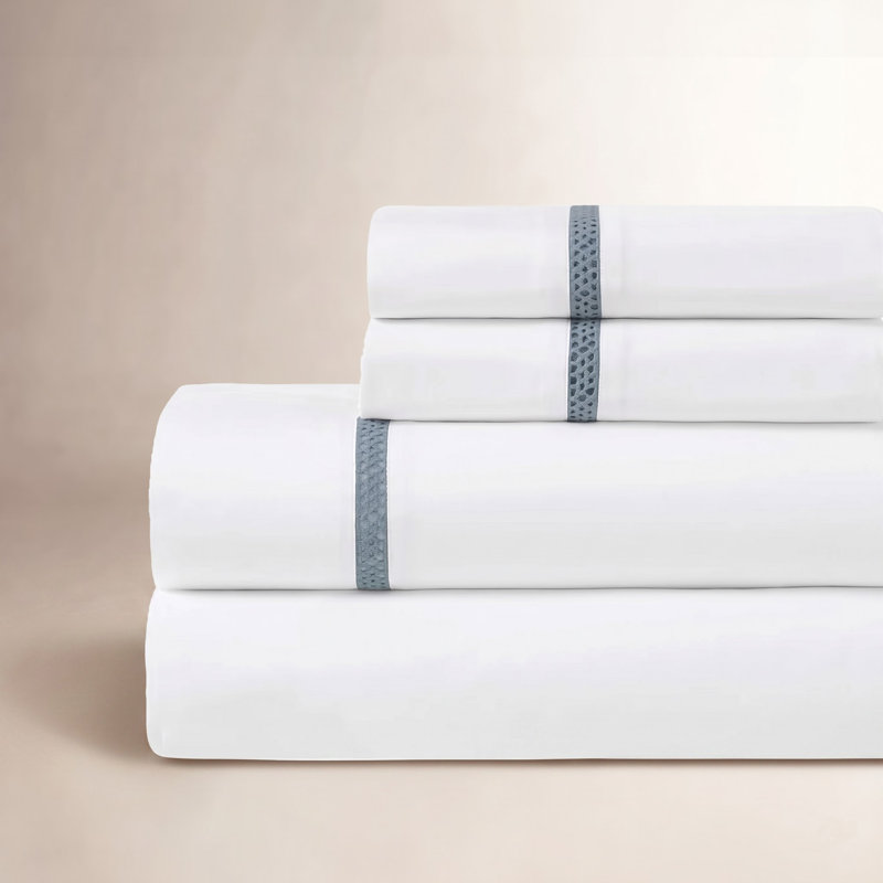 Ensemble de draps en coton Riverton , Ensemble de draps pour très grand lit avec 2 taie, Blanc / bleu sarcelle clair
