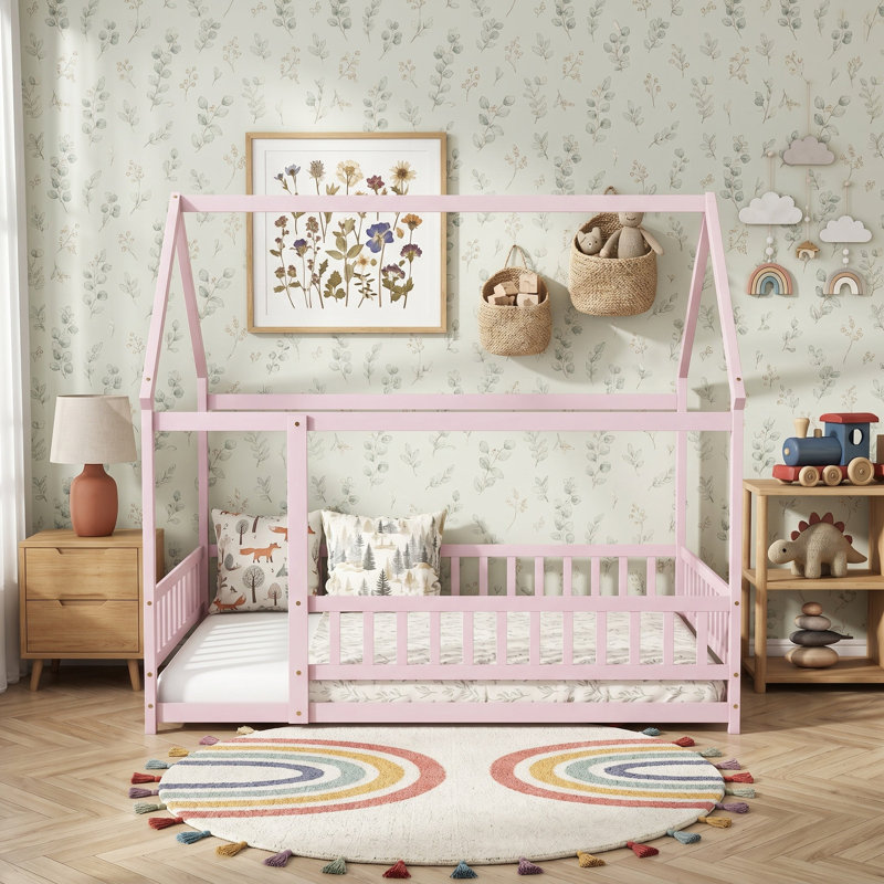 Lit double en bois pleine grandeur avec structure de toit, garde-corps de sécurité, Pink