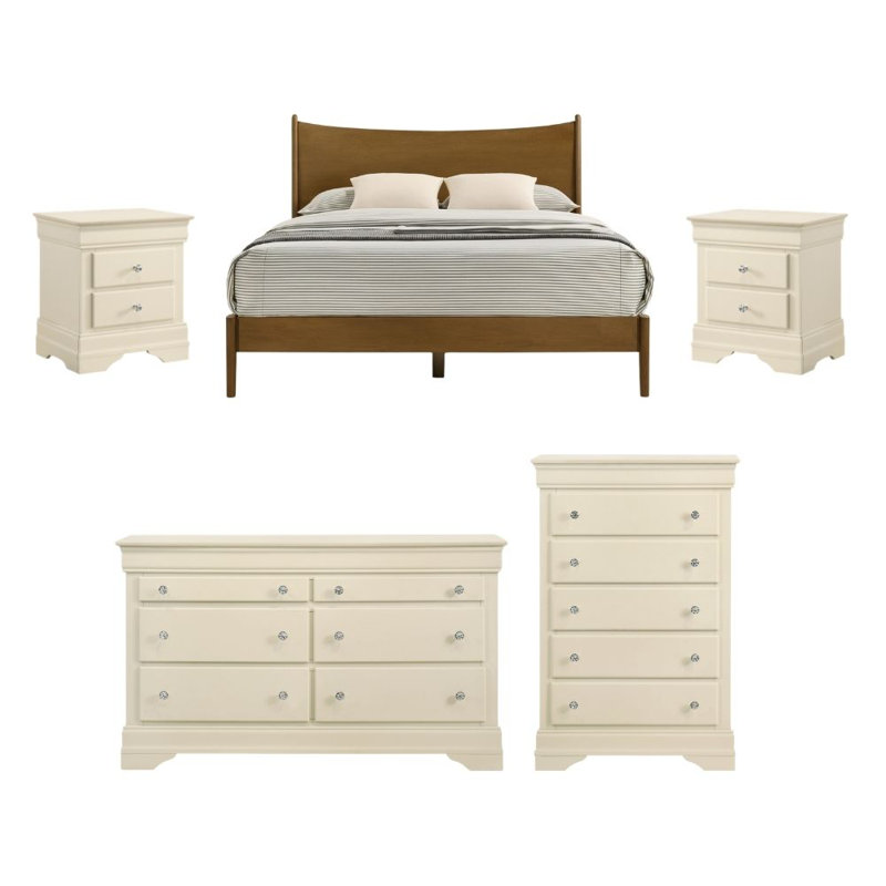 Barvelle Solid Wood 5 Piece Bedroom Set, Brown/Ivory, 5 Pcs: Bed, 2 Dressers, 2 Nightstands