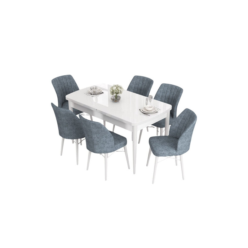 Ensemble de table et chaises de salle à manger extensible Modern (7 pièces), blanc et gris | 100% panneau de fibres à densité moyenne avec pieds en bois et structure en métal | Table: 51,9 po x 30,7 po x 31,0 po (extension: 66,9 po) | Chaises confortables avec tissu Jerry et coussins en mousse