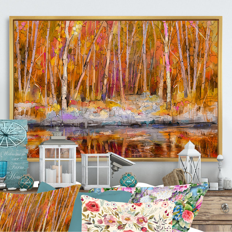 «Colorful Autumn Trees», reproduction sur toile flottante, H 12 po x l 20 po x P 1 po, Cadre flottant doré
