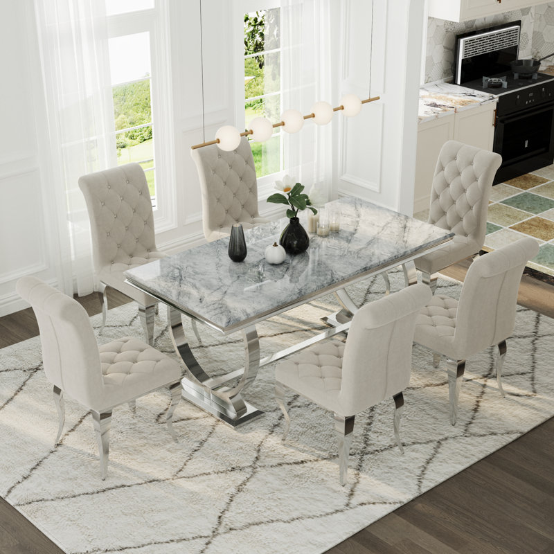 Ensemble de table de salle à manger de luxe blanc et argent avec chaises en velours blanc, 7
