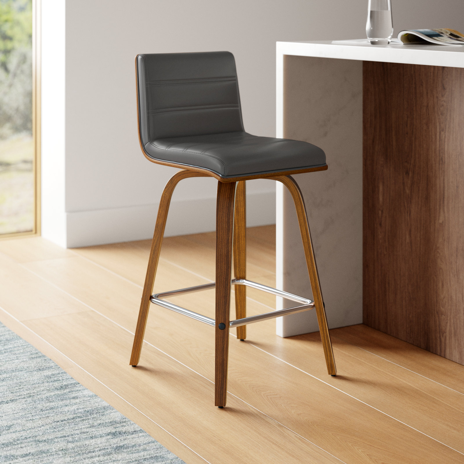 Biance Swivel Bar Stool, Gray Faux Leather, Counter Stool (26" Seat Height), Walnut