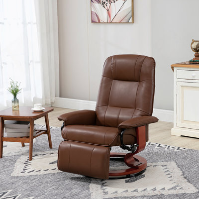Fauteuil inclinable manuel en similicuir, chaise longue pivotante réglable avec repose-pieds, accoudoir et base en bois enveloppé pour le salon, brun