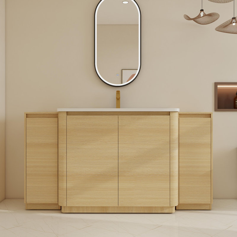 Ensemble de meuble-lavabo simple autoportant 64 "avec lavabo en céramique et tablettes réglables 64", Beige, 63"