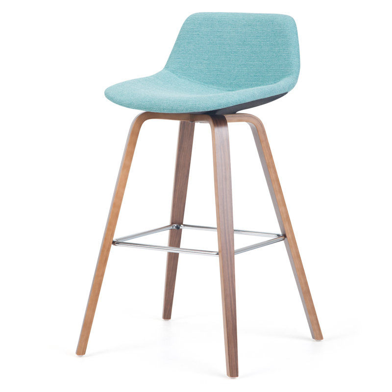 Aqua Blue Linen Bentwood Counter Height Stools with Chrome Footrest, Set of 2