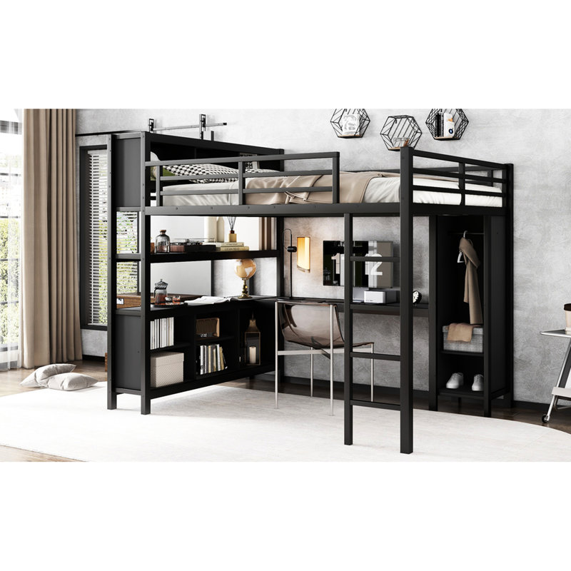 Grand lit mezzanine en métal noir avec bureau fonctionnel et garde-robe, bureau, rangement, Noir