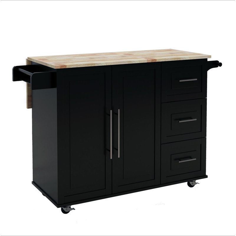 Kitchen Island With Spice Rack, Towel Rack And Extensible Solid Wood Table Top, Black